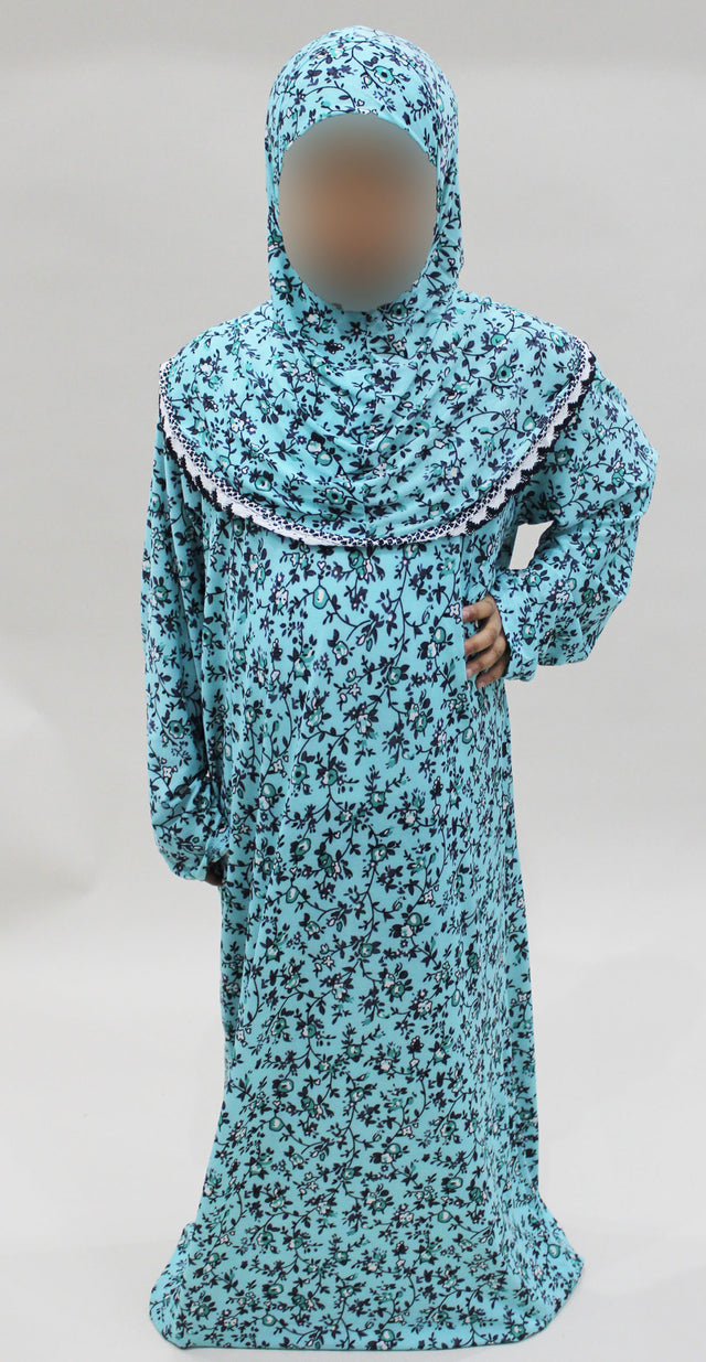 Girls' bright turquoise one-piece prayer dress with attached hijab, front view