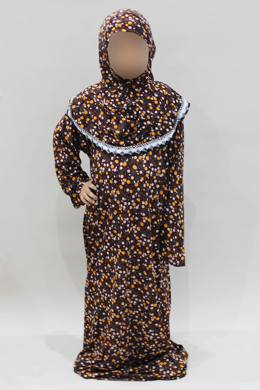 Girls' brown one-piece prayer dress with attached hijab, front view