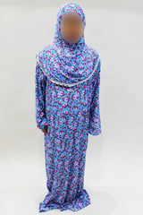 Girls' light blue one-piece prayer dress with attached hijab, front view