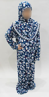 Girls' navy floral one-piece prayer dress with attached hijab, front view
