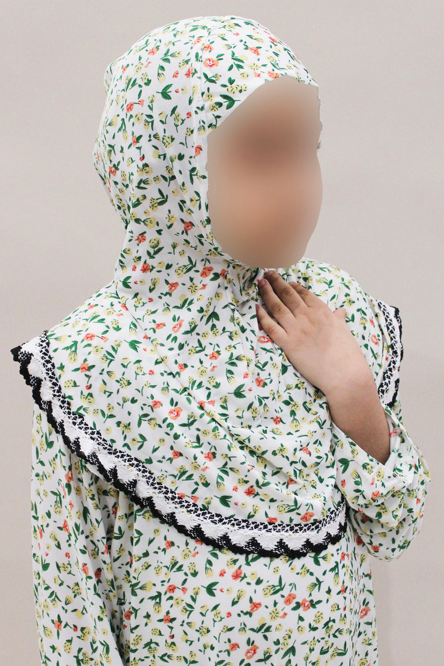 Girls' white floral one-piece prayer dress, full-length view