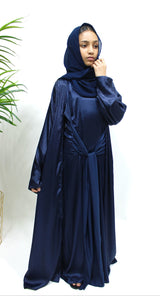 Girl wearing Amani's navy blue open jacket abaya set with inner dress and scarf