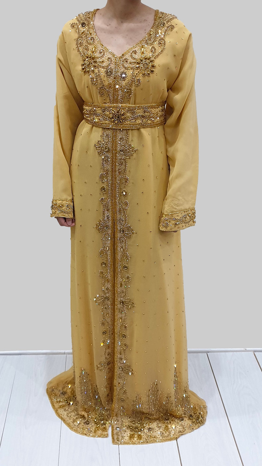 Gold Moroccan kaftan with caped trail and crystal beadwork