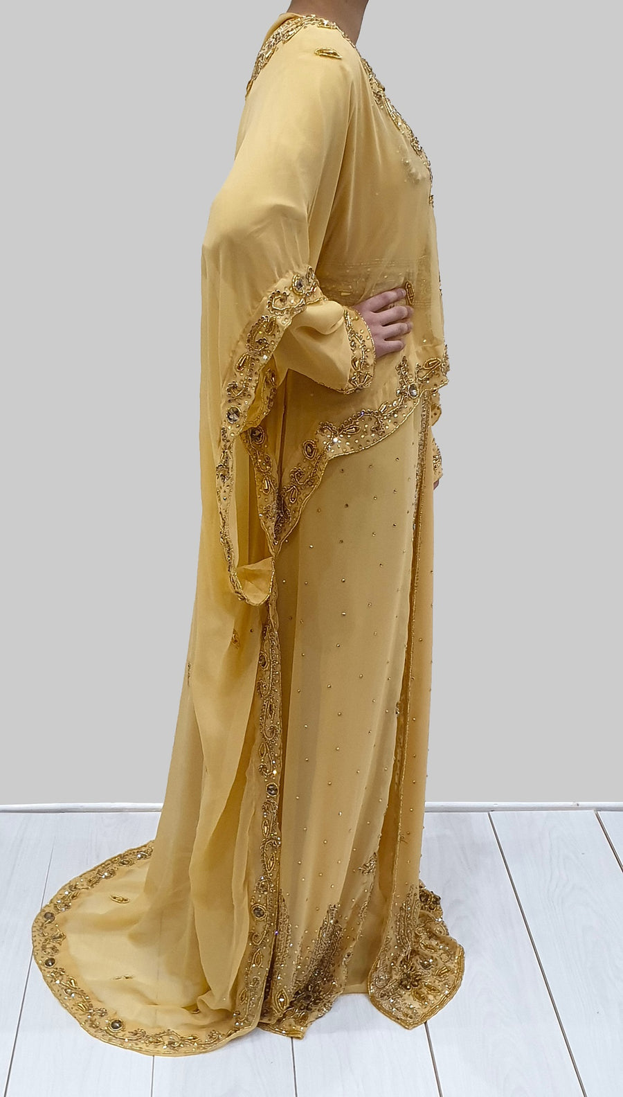 Gold cape kaftan with detachable belt detail