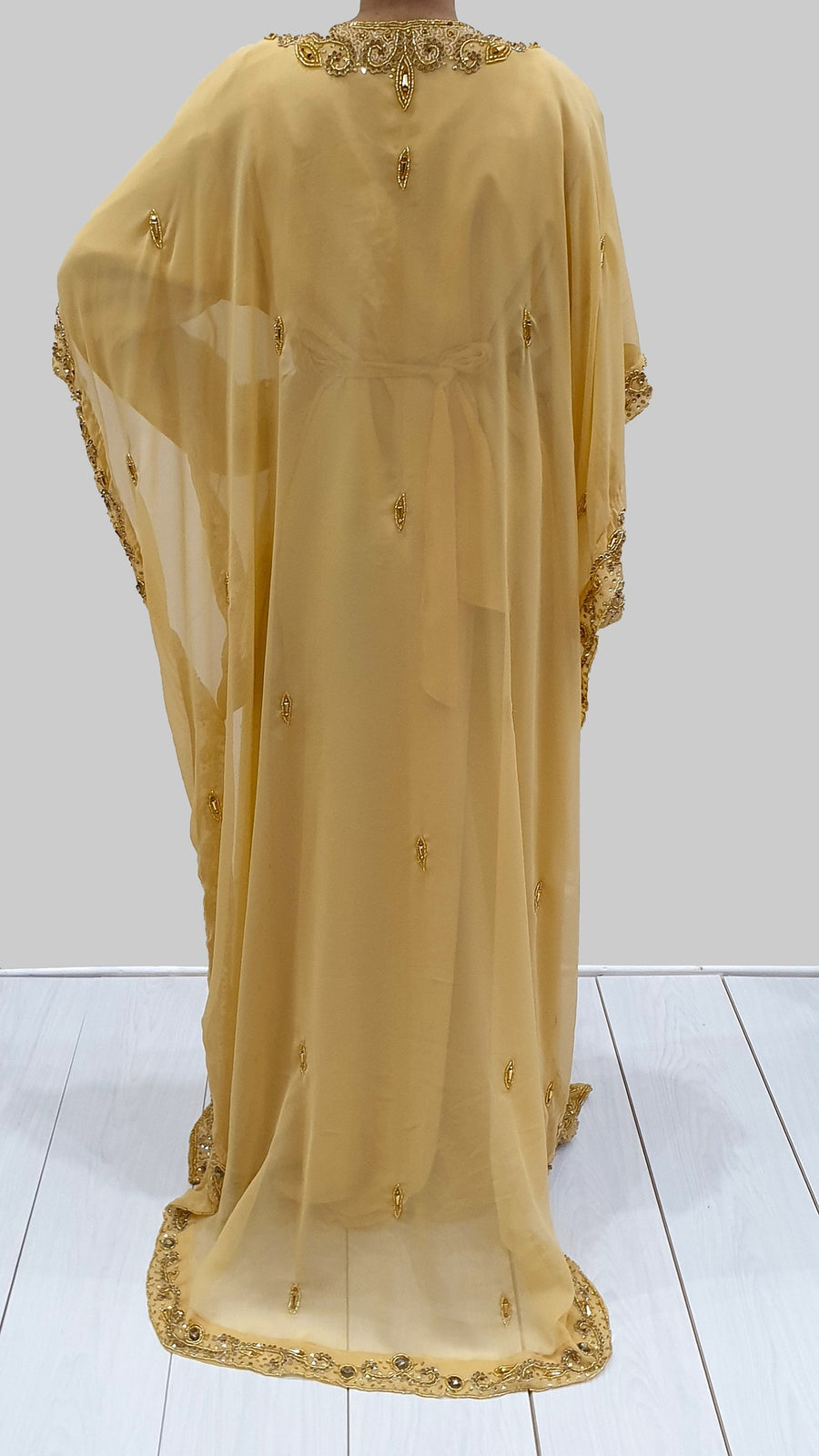 Sabha gold kaftan crystal embellishment close-up