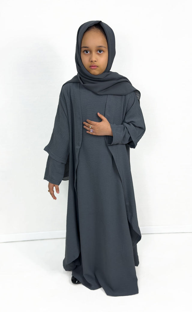 Girls' grey three piece open abaya set, front view