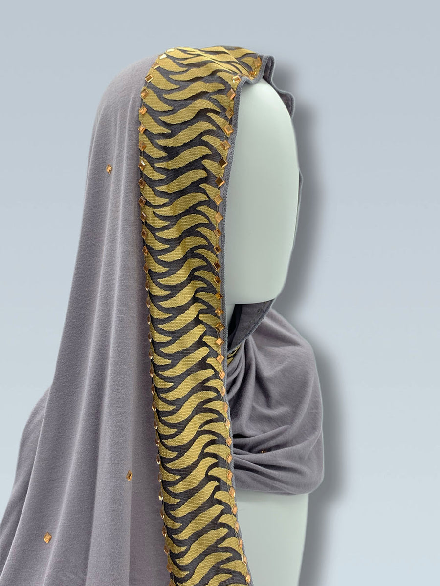 Tiger stripe border hijab showing the rhinestone accents