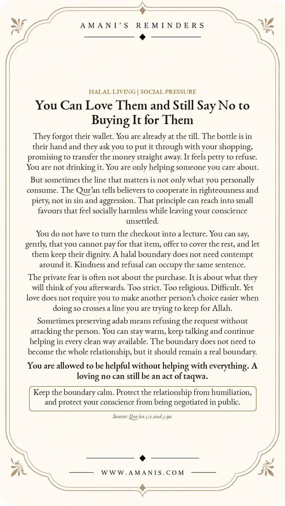 Amani’s Reminders Halal Living artwork titled “You Can Love Them and Still Say No to Buying It for Them”.