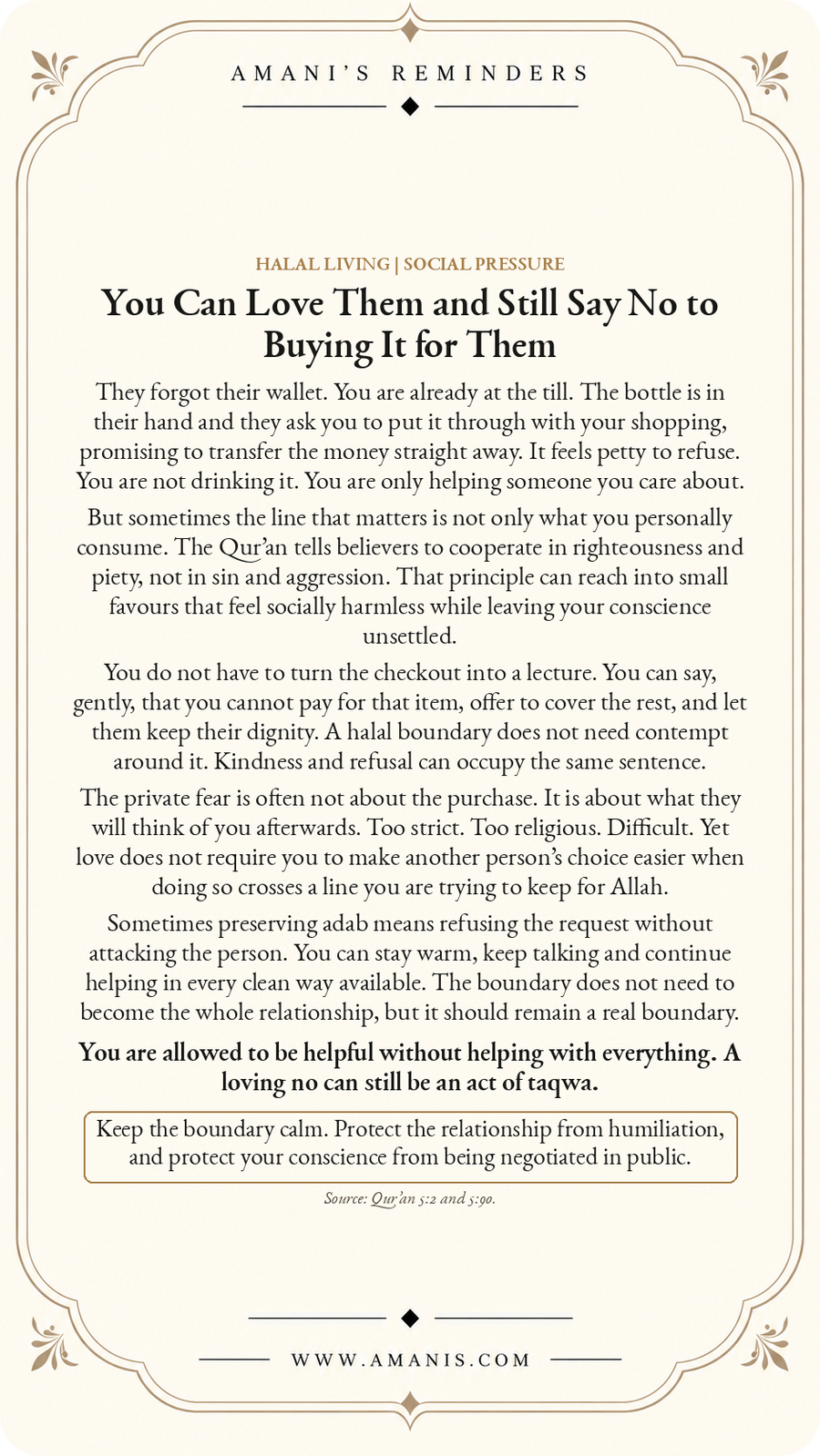 Amani’s Reminders Halal Living artwork titled “You Can Love Them and Still Say No to Buying It for Them”.