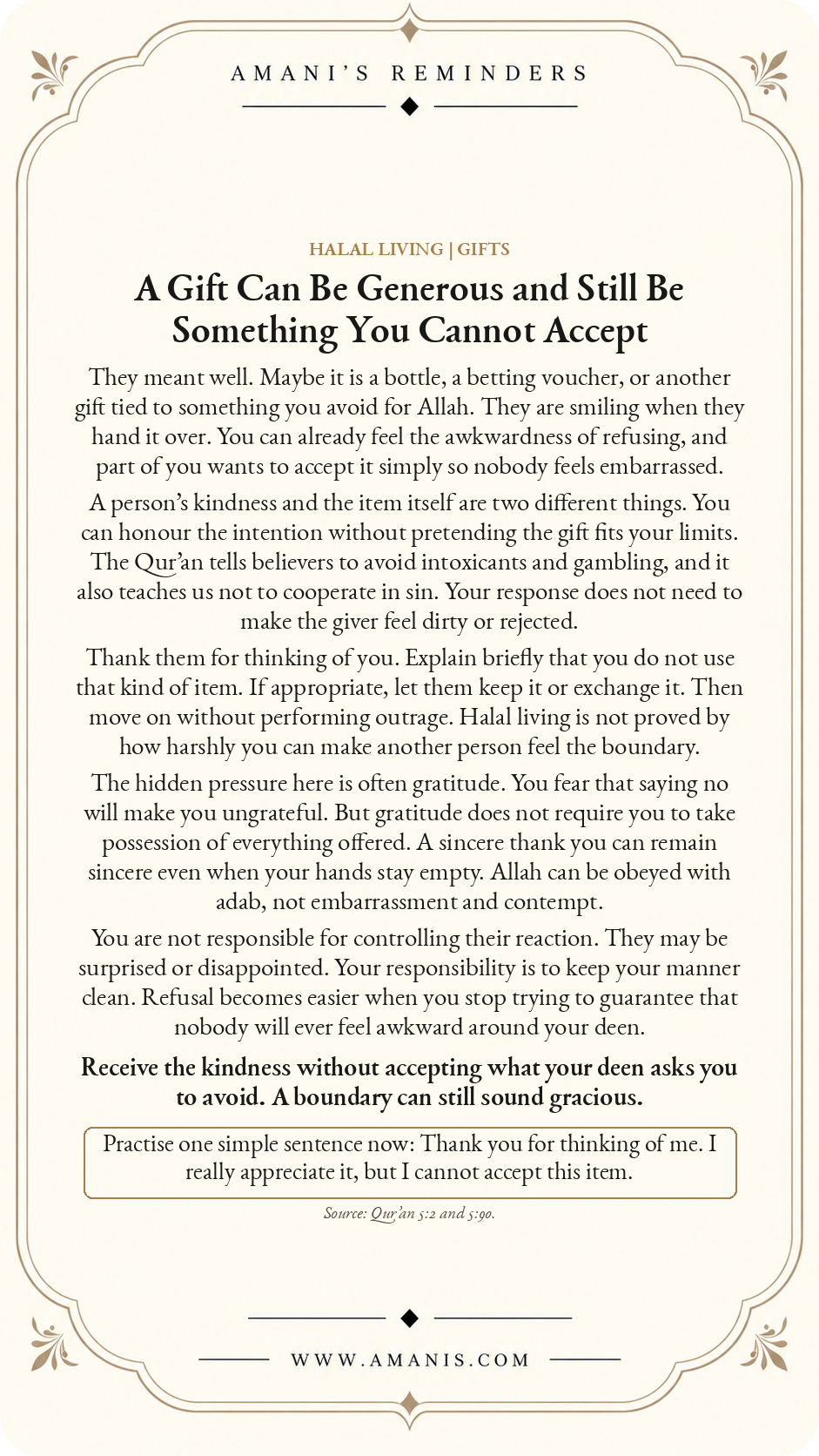 Amani’s Reminders Halal Living artwork titled “A Gift Can Be Generous and Still Be Something You Cannot Accept”.