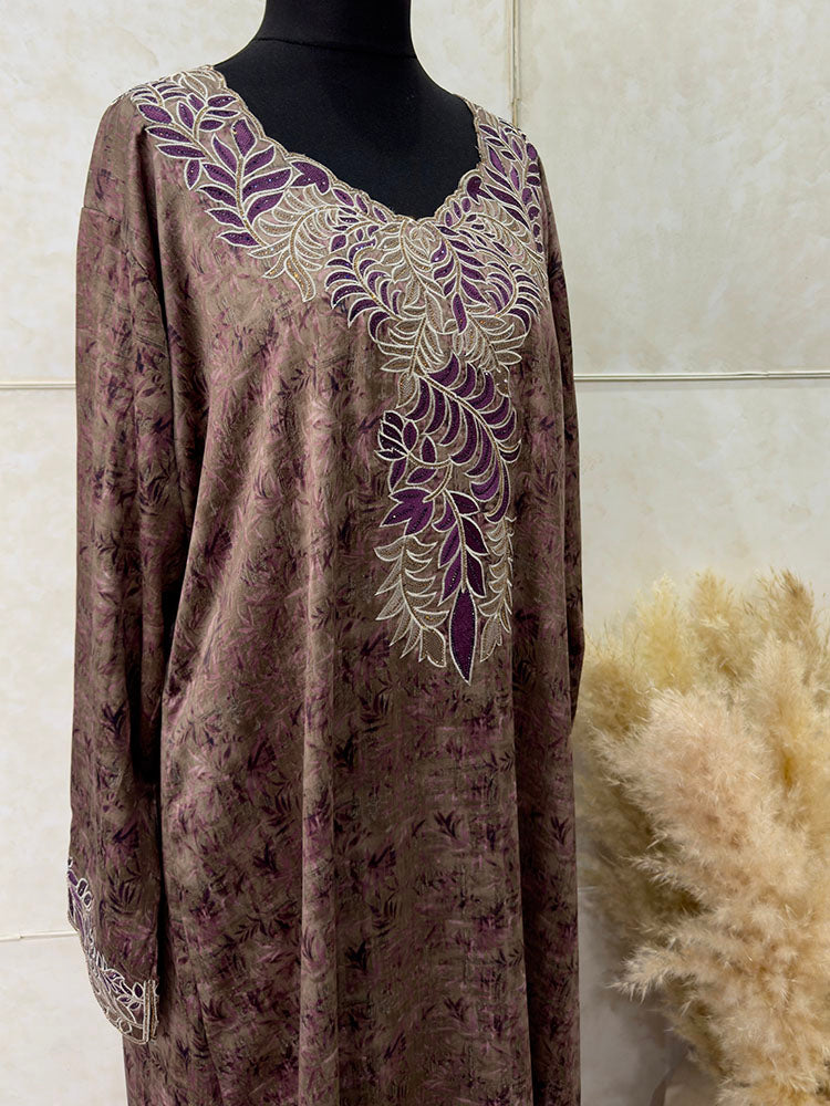 Purple hues leaf embroidery mukhawar maxi dress, front view