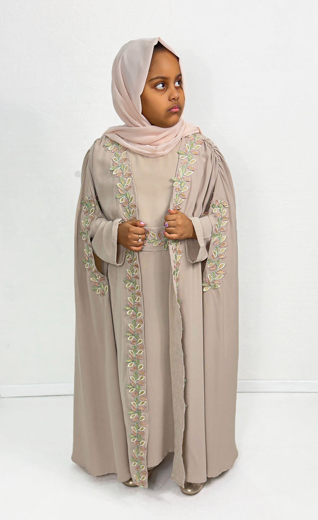 Girls' almond cape abaya set with leaf embroidery, front view