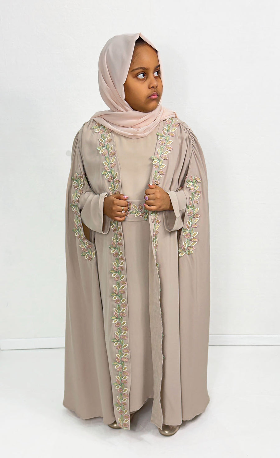 Girls' almond cape abaya set with leaf embroidery, front view