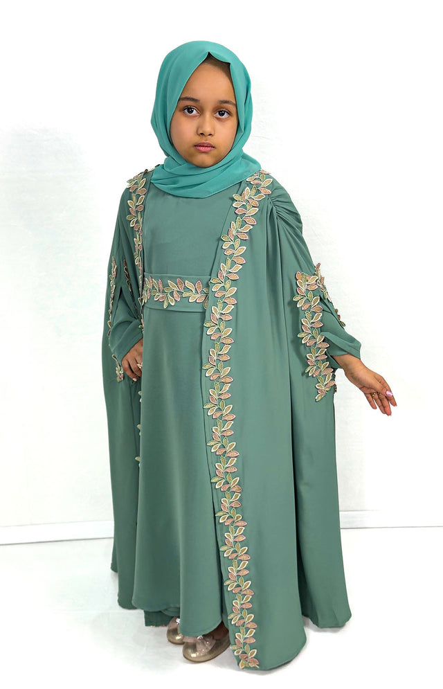 Girls' Caribbean turquoise cape abaya set, front view