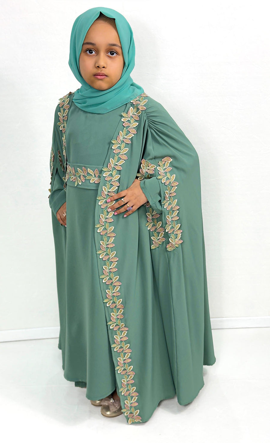 Girls' Caribbean turquoise cape abaya set with flowing cape