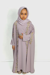 Girls' lilac cape abaya set with leaf embroidery, front view