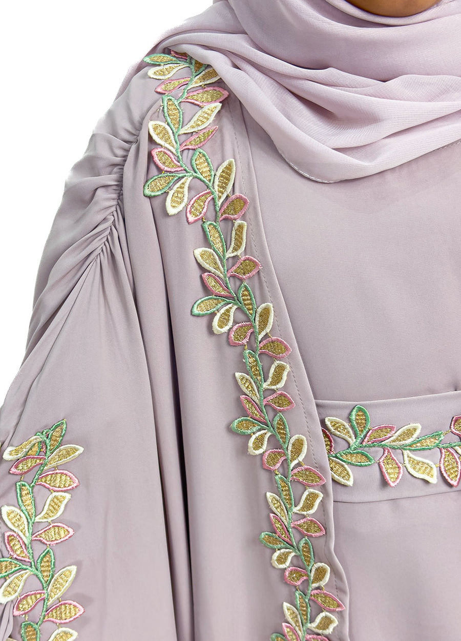 Girls' lilac cape abaya set with belt and scarf