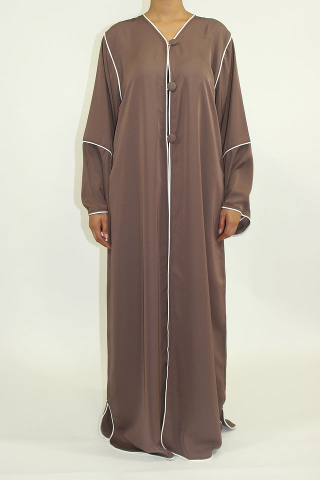 Light brown open maxi jacket with collar and satin piping, front view