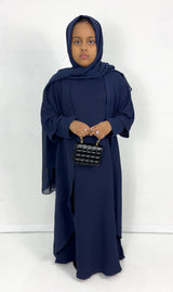 Girls' navy three piece open abaya set, front view