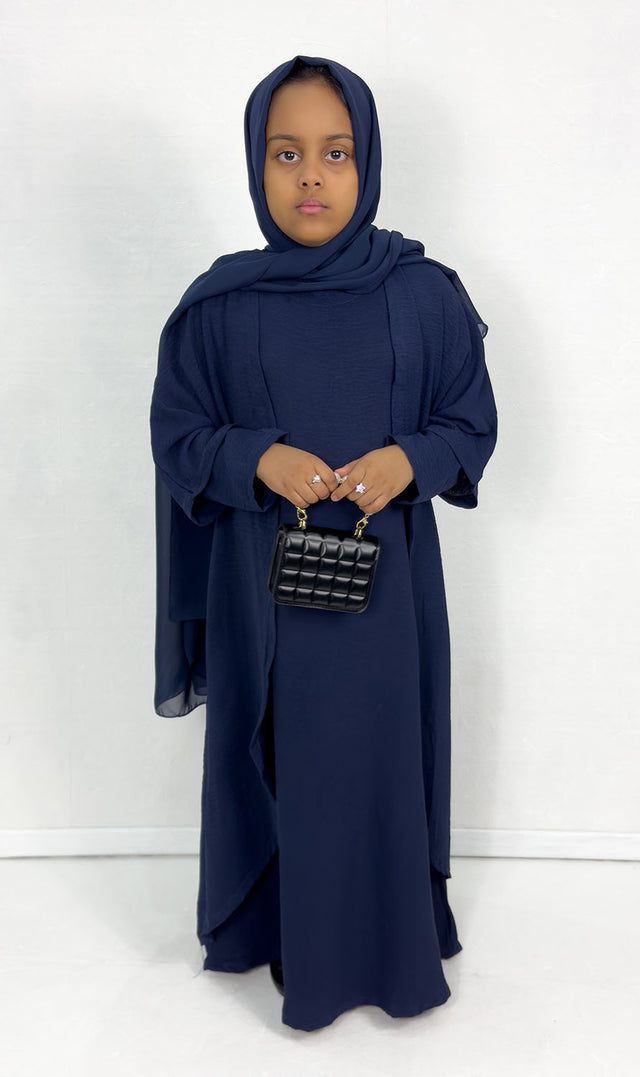 Girls' navy three piece open abaya set, front view