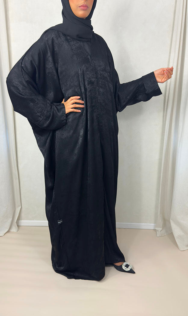 Black rose satin foil open abaya with matching black chiffon scarf