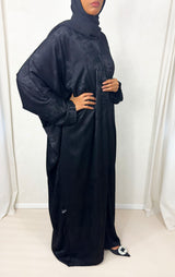 Black rose satin foil open abaya, front view