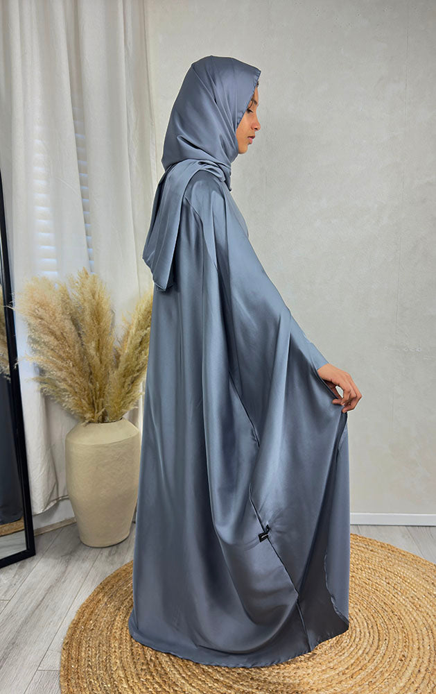 Children's cool grey cape abaya set showing the draped cape