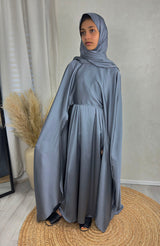 Girls' cool grey 3-piece cape abaya set, front view