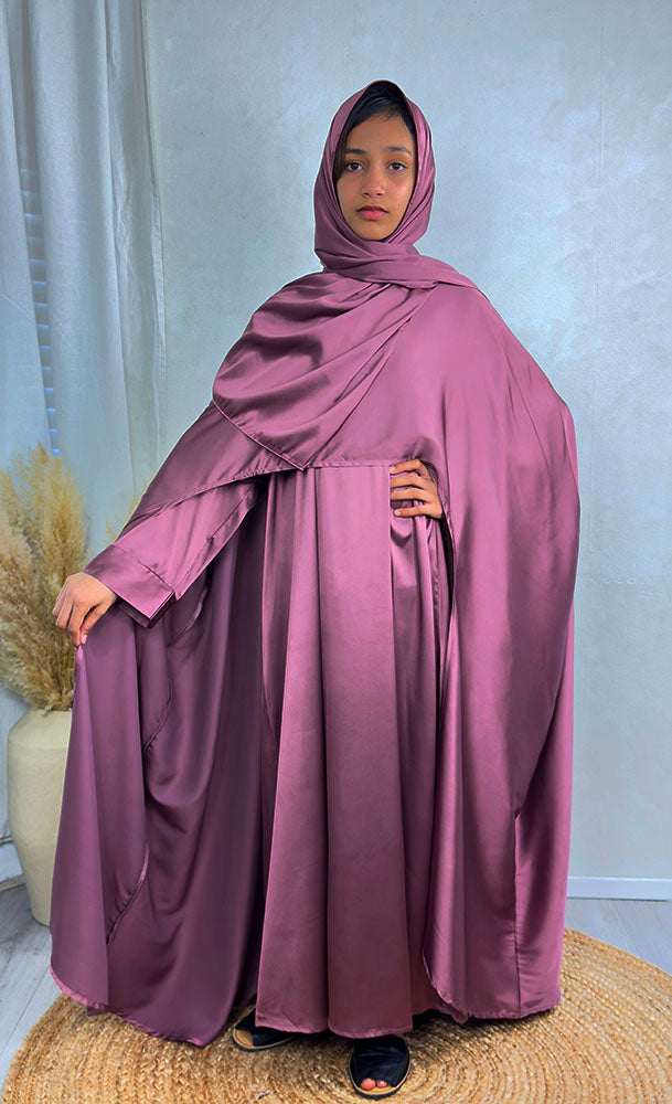 Girls' mulberry satin cape abaya set with matching scarf
