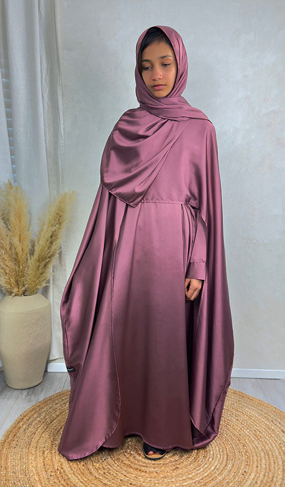 Children's mulberry cape abaya set showing the draped cape
