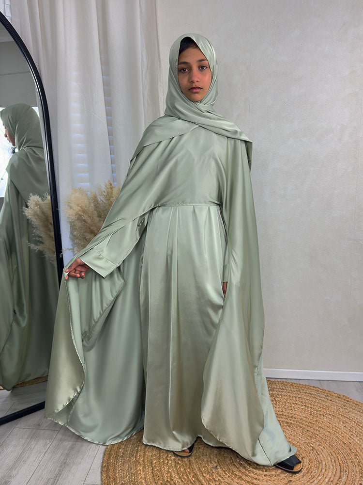 Children's sage green abaya set with inner dress