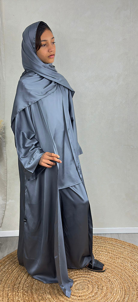 Girls' cool grey satin abaya set with matching scarf