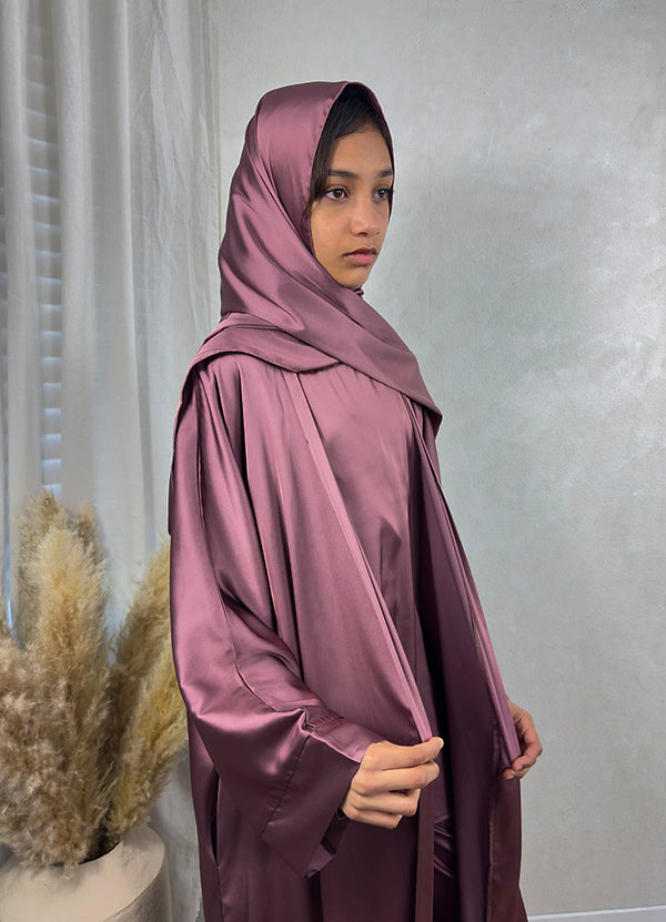 Girls' mulberry 4-piece trouser abaya set, front view