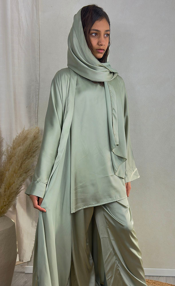 Girls' sage green satin abaya set with matching scarf