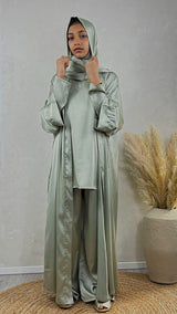 Girls' sage green 4-piece trouser abaya set, front view