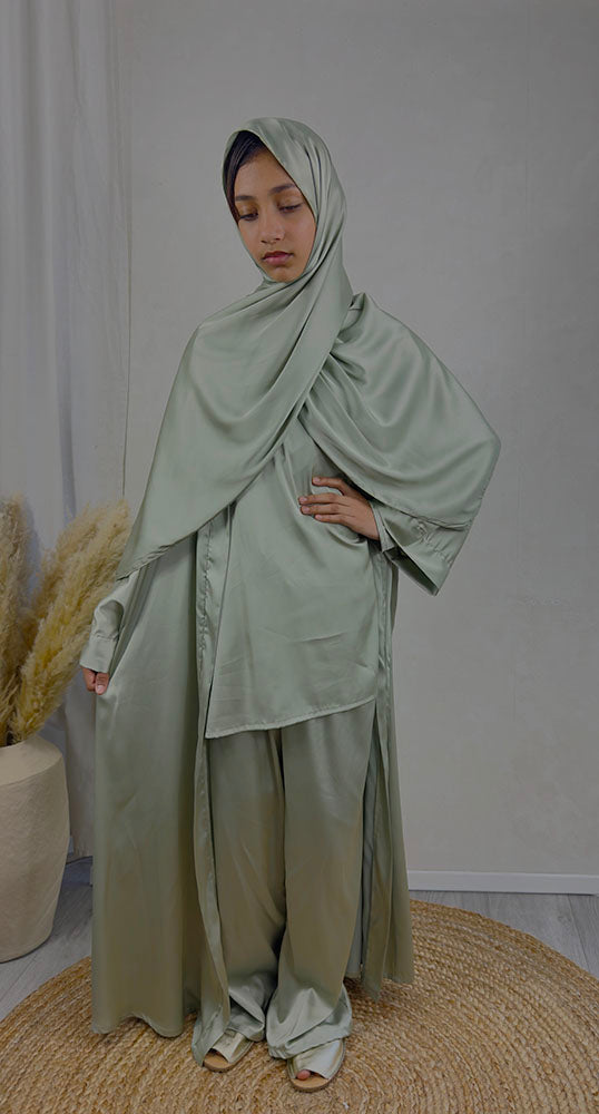 Children's sage green abaya set showing jacket and trousers