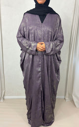 Mauve rose satin foil open abaya, front view