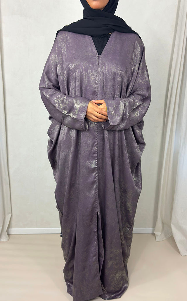Mauve rose satin foil open abaya, front view