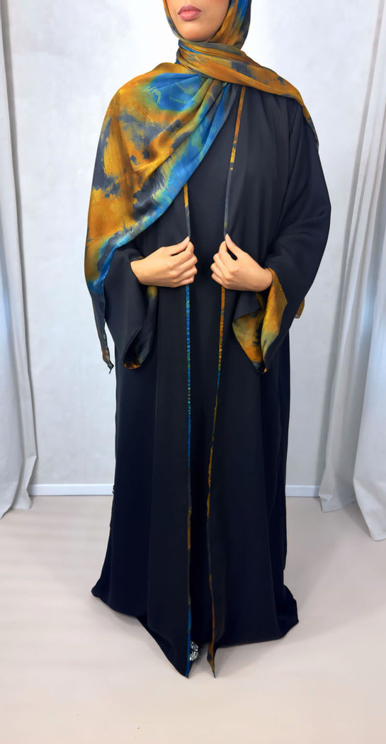NEW Open Abaya With Satin Chiffon Lining – Blue & Orange Hues