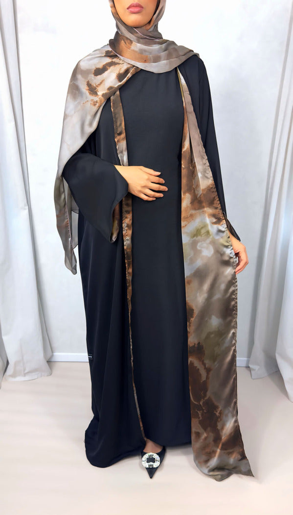 New Open Abaya with Satin Chiffon Lining – Timeless Brown Hues
