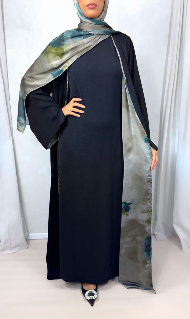 New Open Abaya with Satin Chiffon Lining – Elegant Green Hues