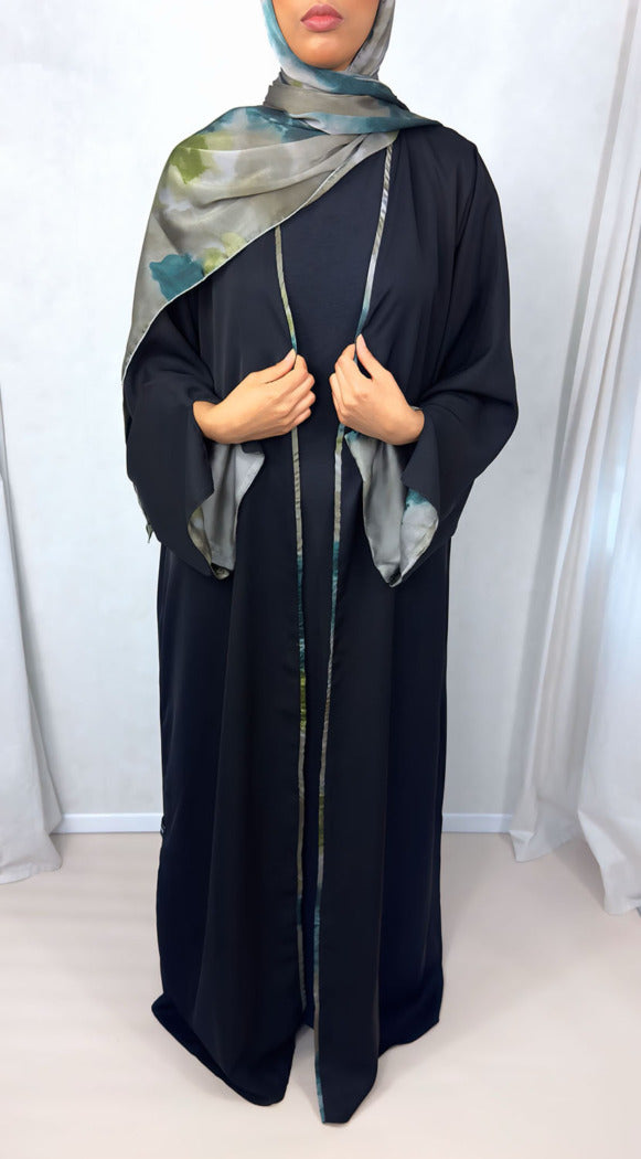 New Open Abaya with Satin Chiffon Lining – Elegant Green Hues