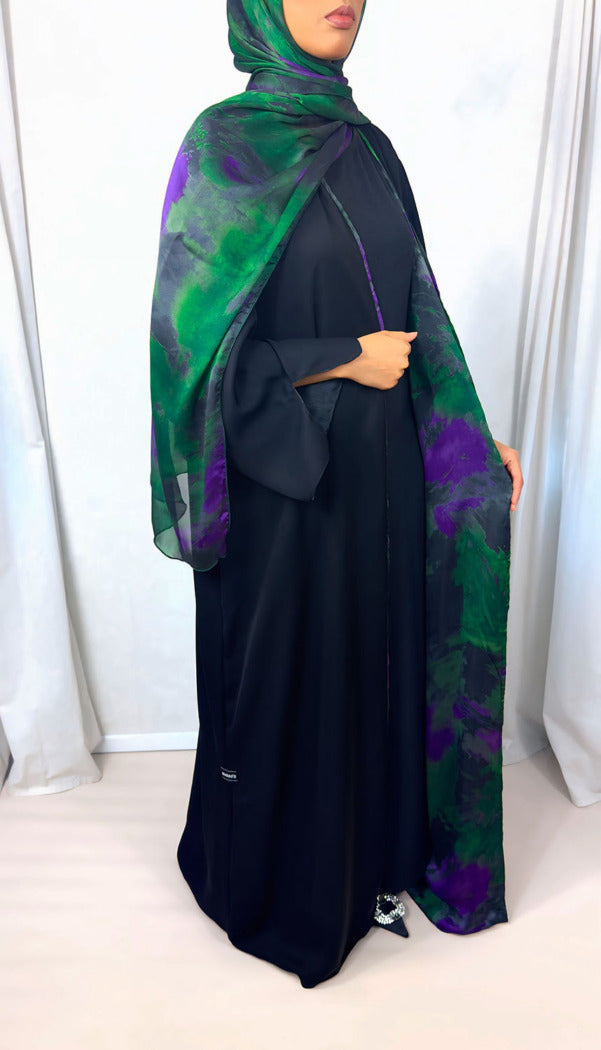 New Open Abaya with Satin Chiffon Lining – Striking Green & Purple Hues