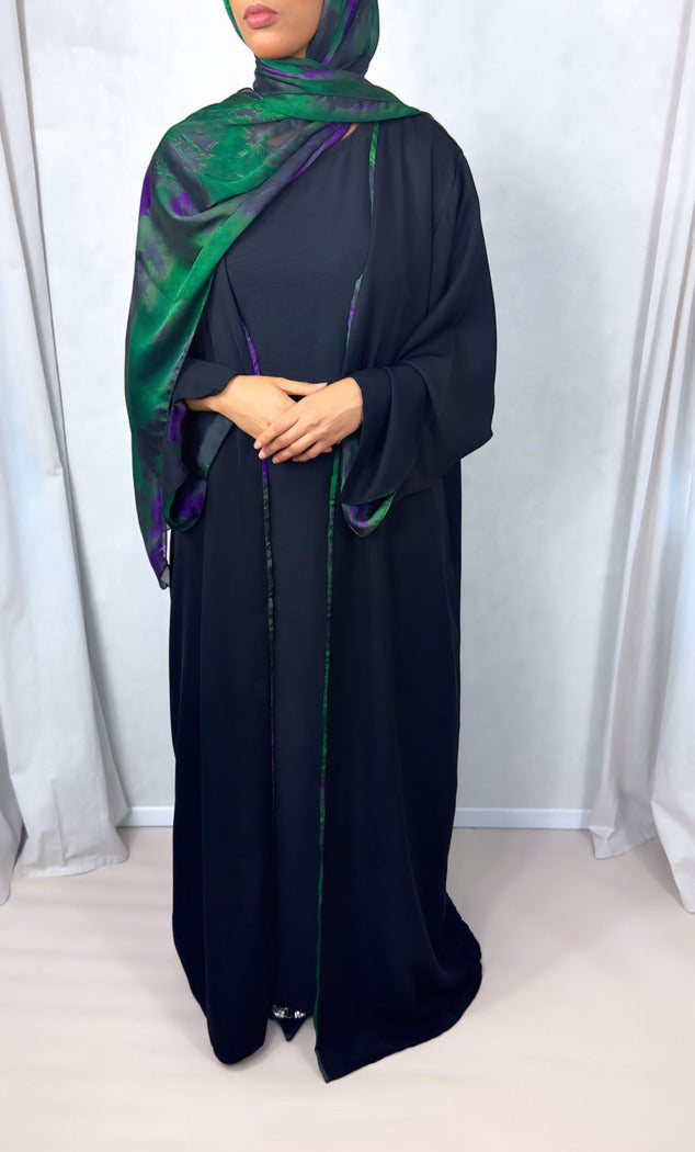 New Open Abaya with Satin Chiffon Lining – Striking Green & Purple Hues