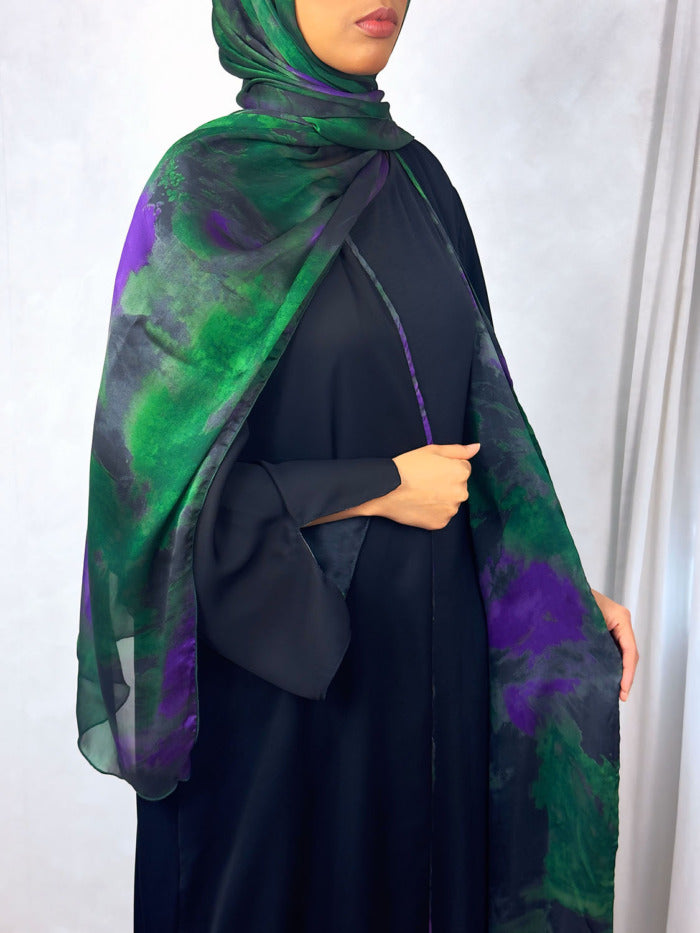New Open Abaya with Satin Chiffon Lining – Striking Green & Purple Hues