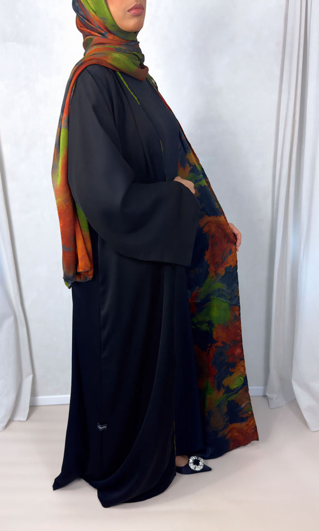 New Open Abaya with Satin Chiffon Lining – Vibrant Orange & Green Hues