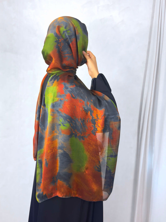 New Open Abaya with Satin Chiffon Lining – Vibrant Orange & Green Hues