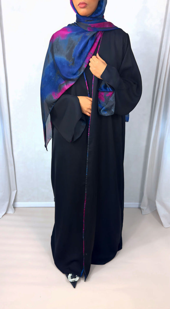 New Open Abaya with Satin Chiffon Lining – Chic Pink & Blue Hues