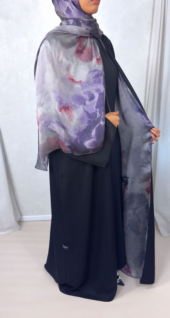 New Open Abaya with Satin Chiffon Lining – Stunning Purple Hues