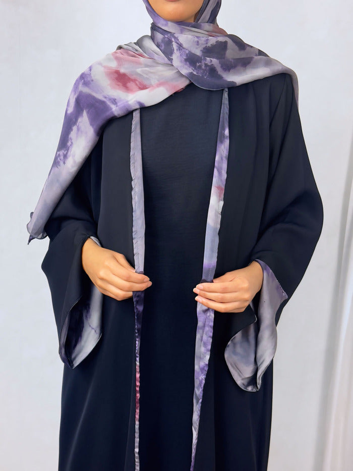 New Open Abaya with Satin Chiffon Lining – Stunning Purple Hues
